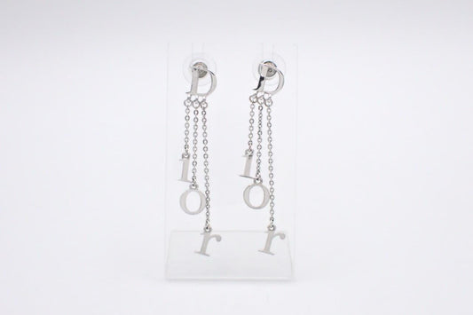 Vintage Dior Logo Letter Chain Drop Earrings – Silver Tone