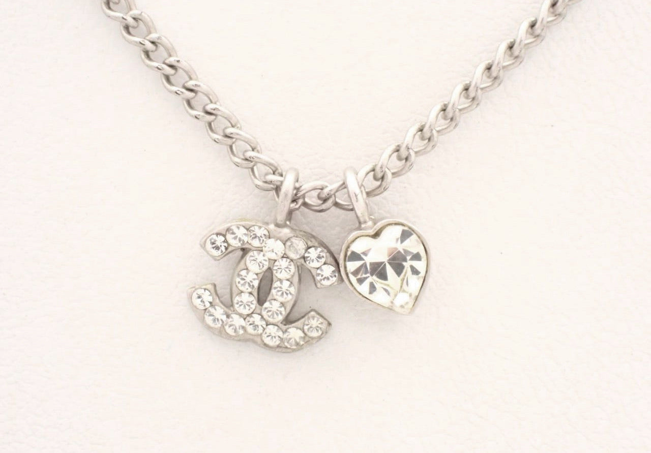 Chanel 2006 Crystal CC & Heart Charm Necklace