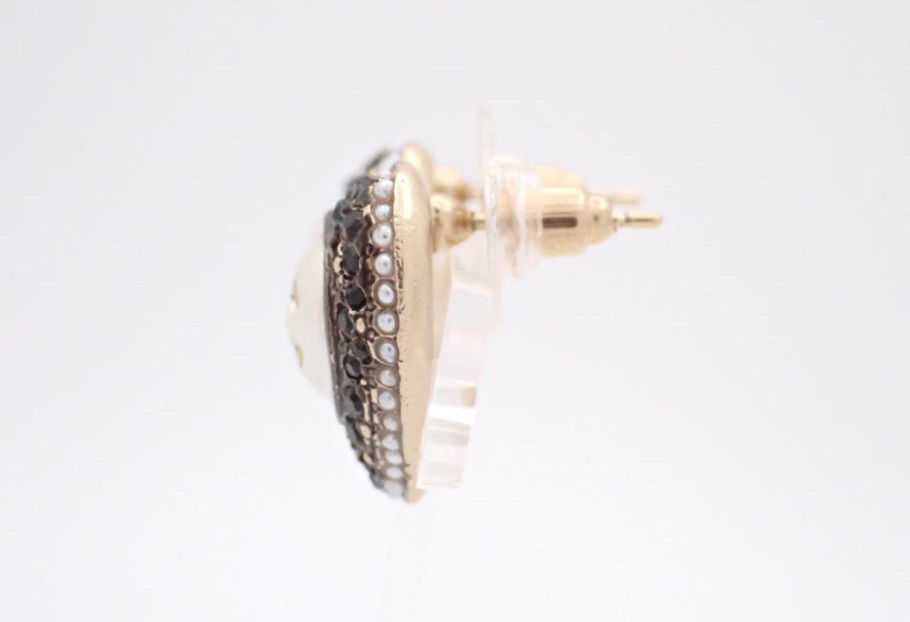 Chanel 2022 CC Black Crystal Heart Stud Earrings