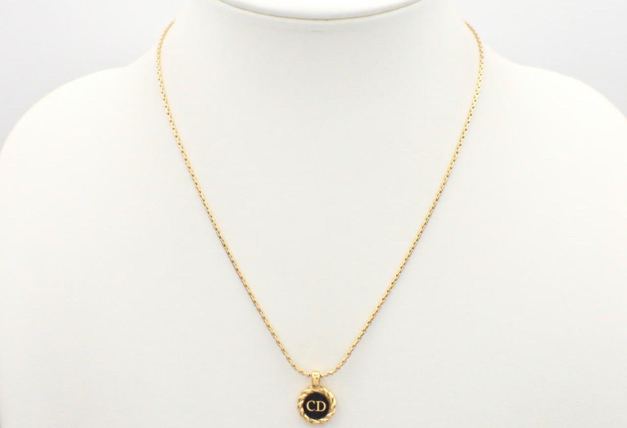 Dior Black Enamel CD Medallion Necklace – Gold Tone