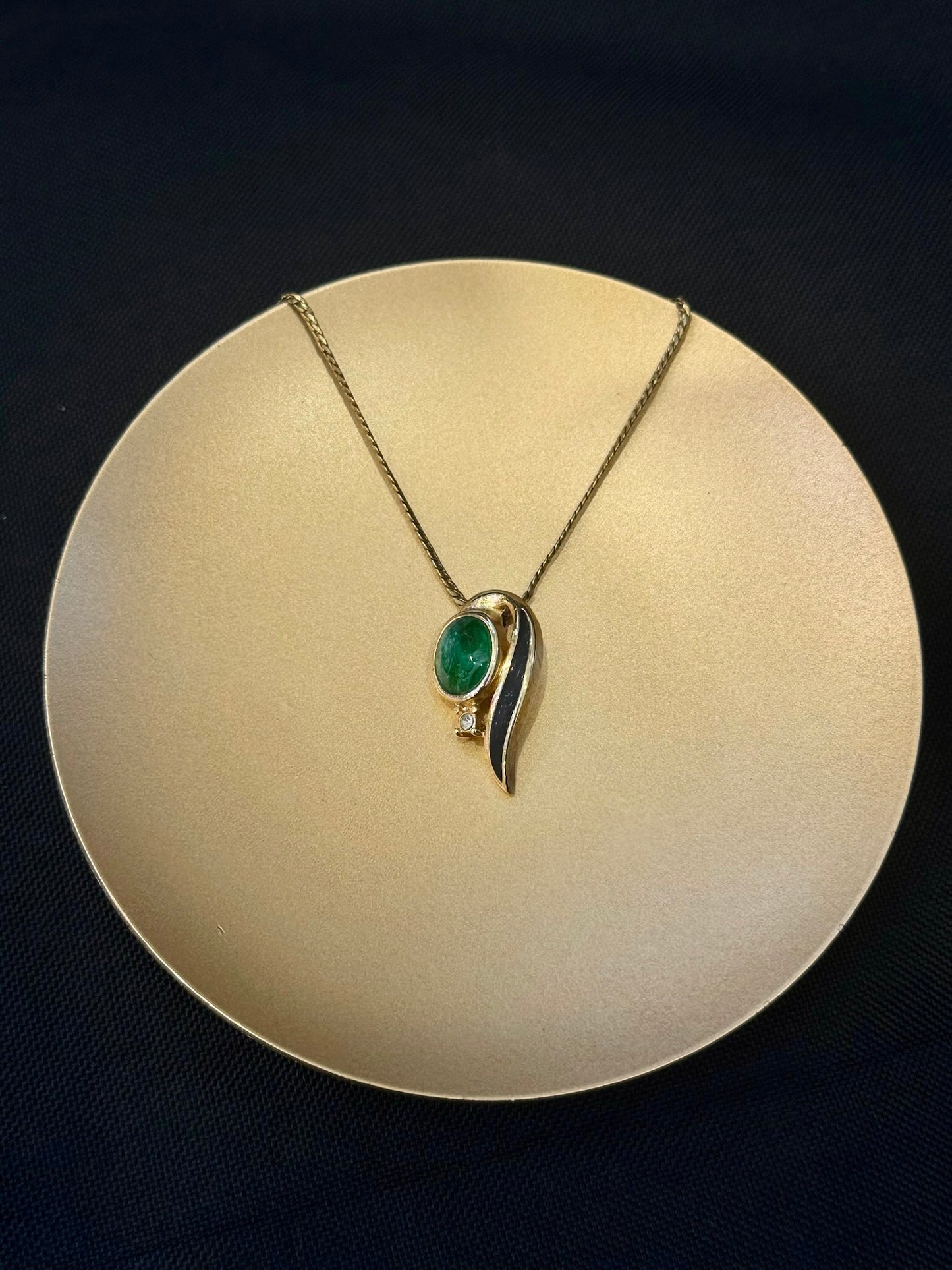 Vintage Dior Emerald Cabochon & Enamel Gold-Tone Pendant Necklace