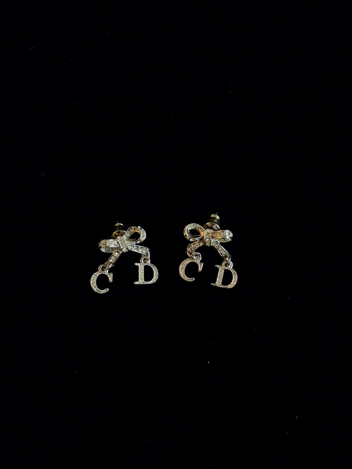 Dior Crystal Bow CD Charm Drop Earrings