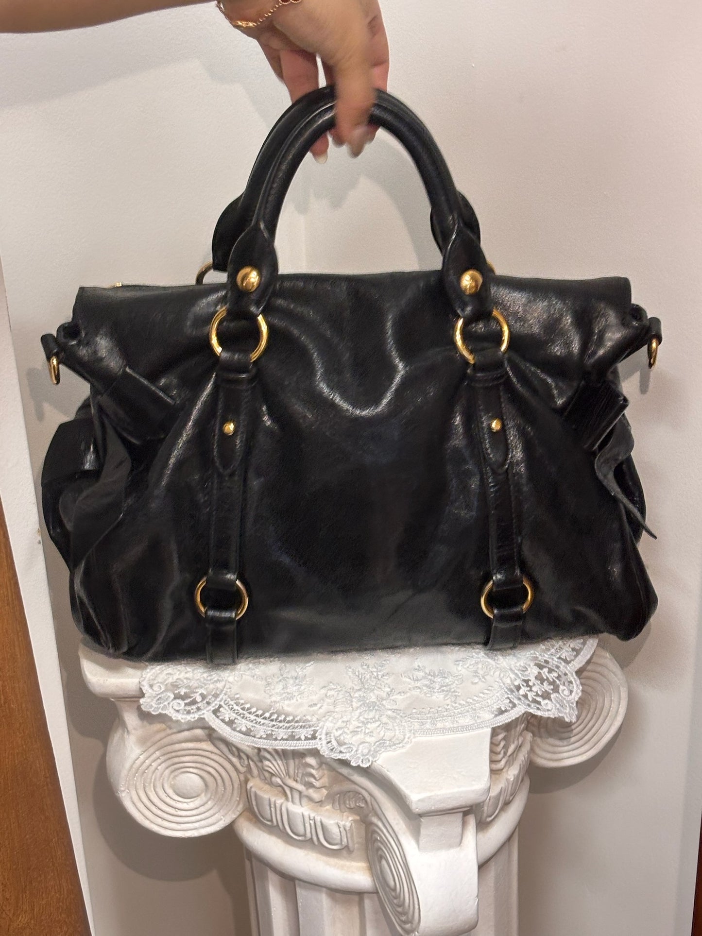 Miu Miu Vintage Black Distressed Leather Satchel