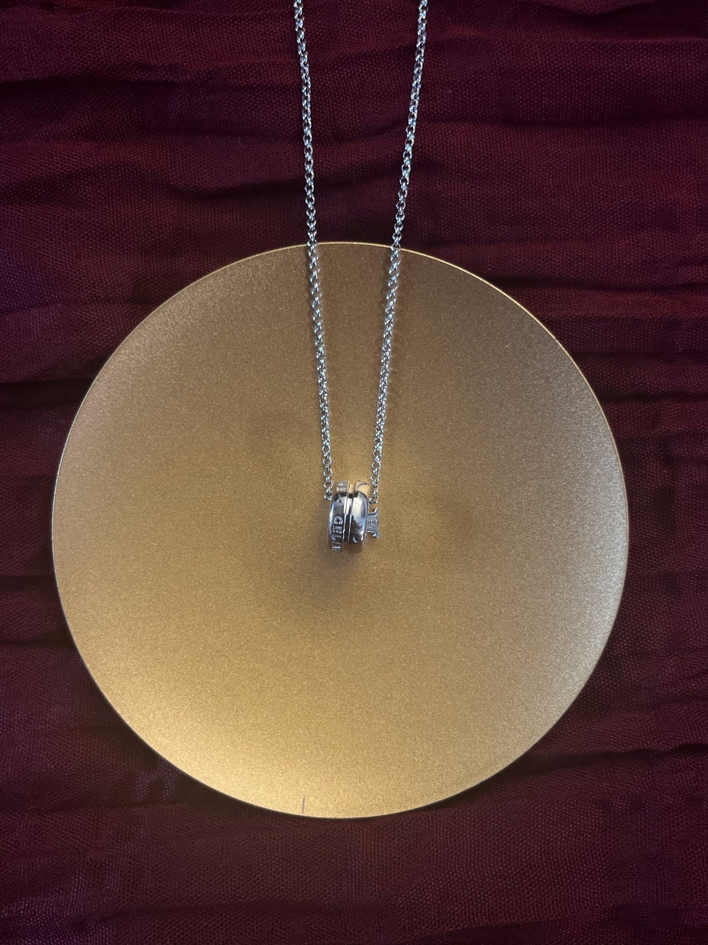 CELINE 925 Sterling Silver Logo Ring Pendant Necklace