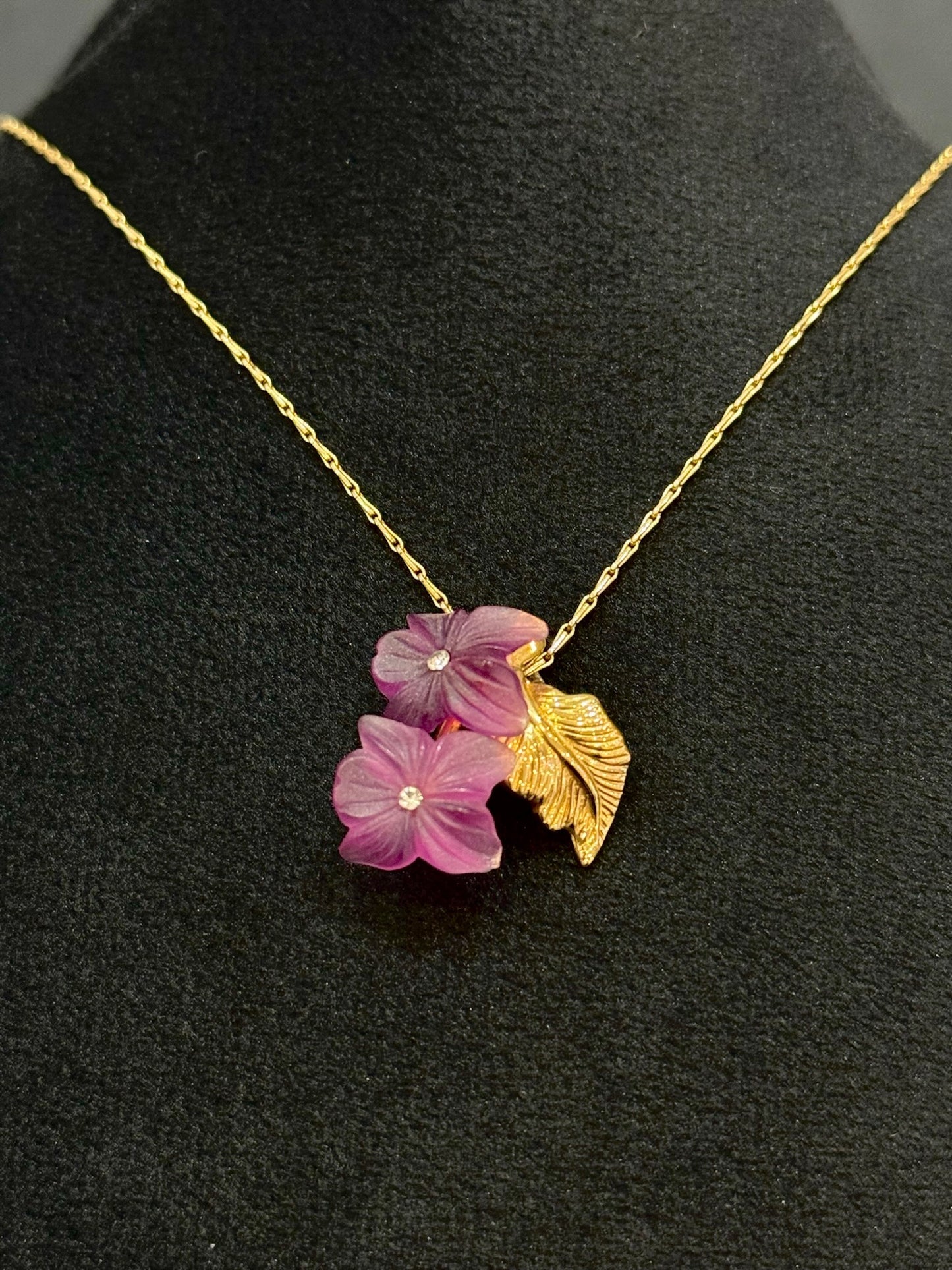 Vintage Dior Purple Flower & Gold Leaf Necklace
