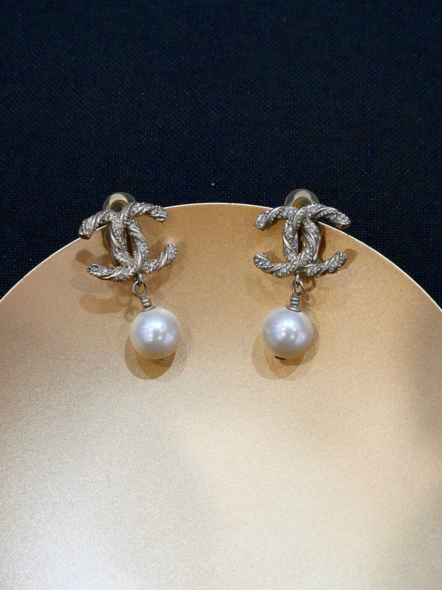 Chanel 2013 Champagne Gold Braided CC Pearl Drop Earrings