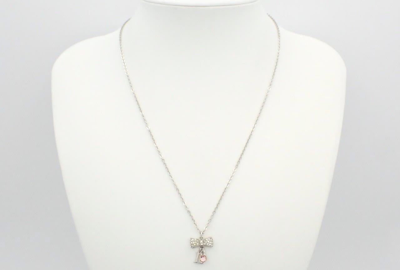 Vintage Dior Crystal Bow Charm Necklace – Silver Tone