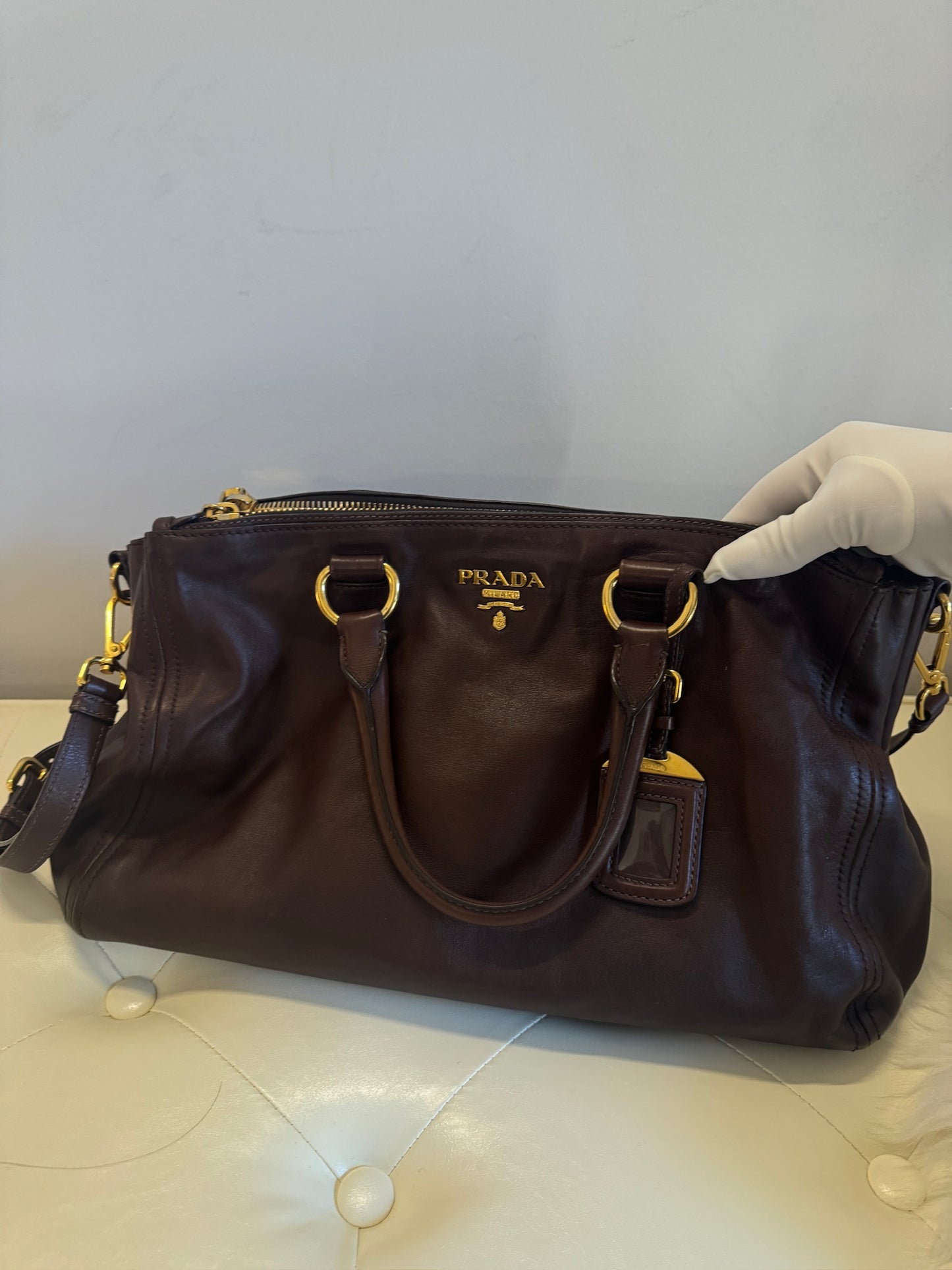 Prada Leather Top Handle Handbag – Dark Brown Large