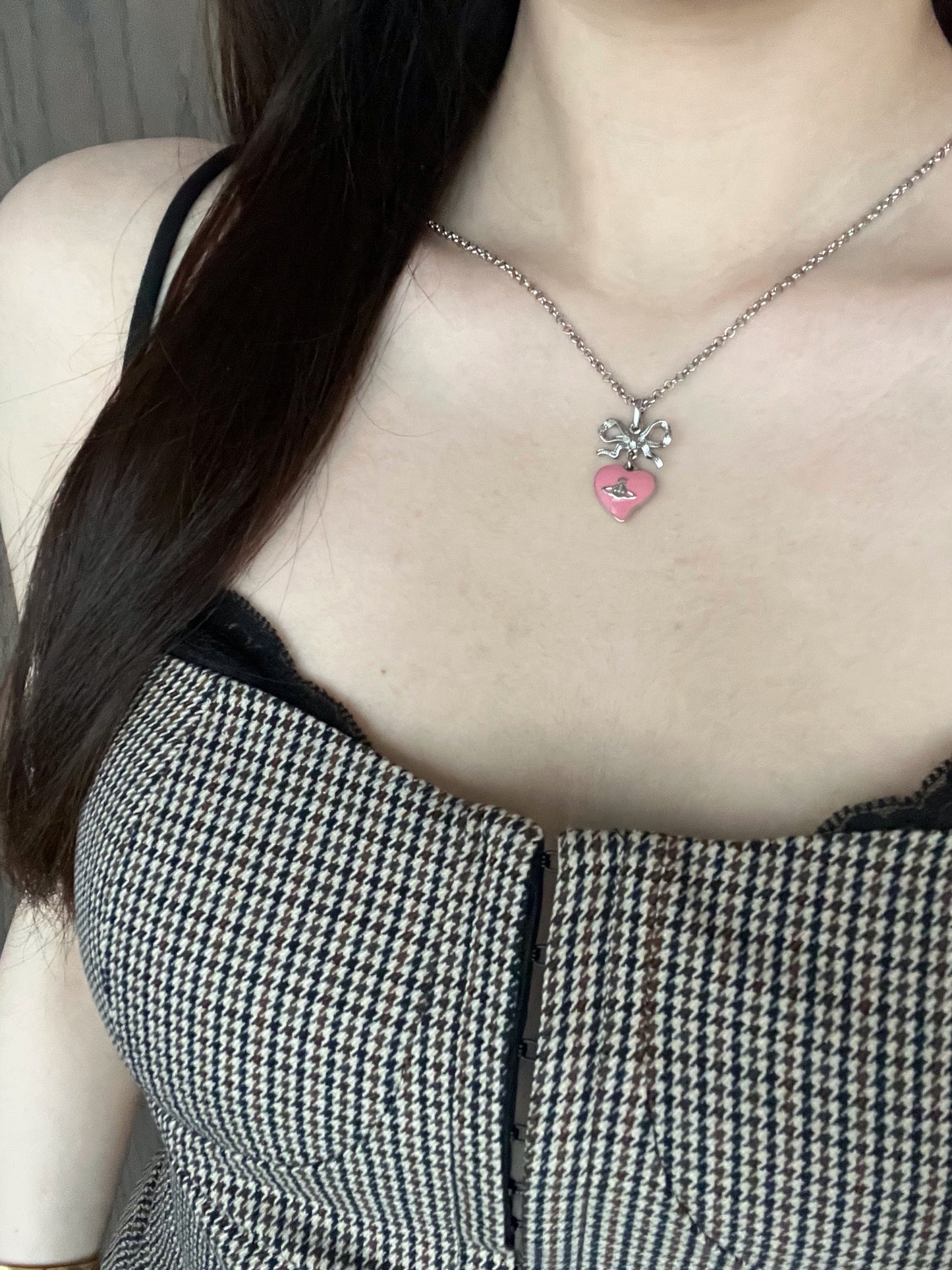 Vintage Vivienne Westwood Silver Bow Double-Sided Pink Heart Orb Necklace