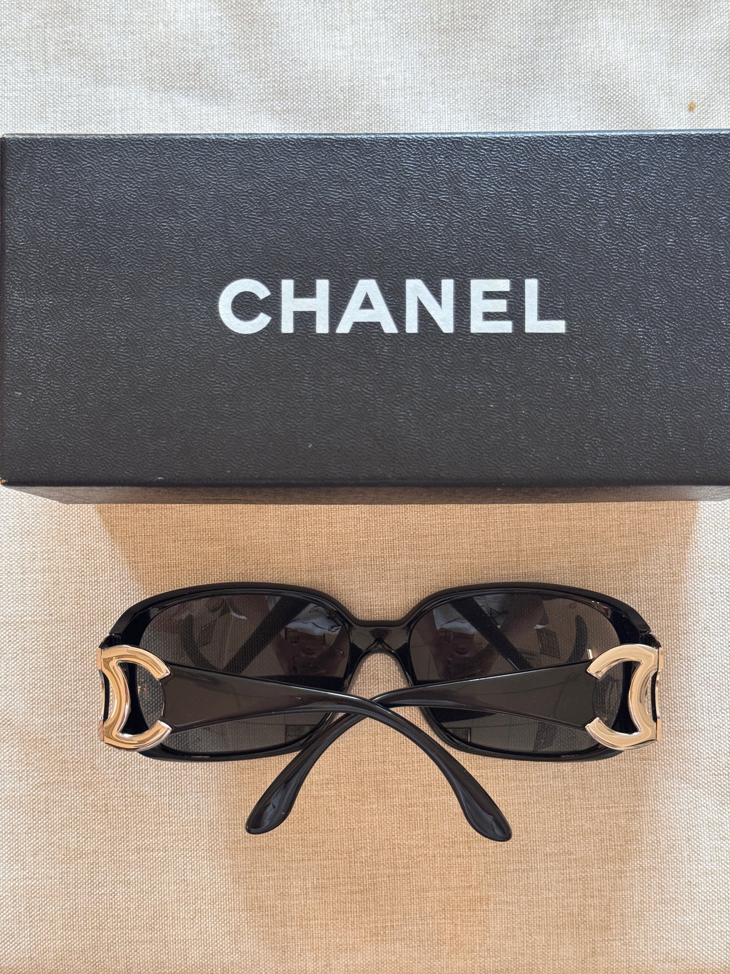 Chanel Mid-2000s "Gilded Arc" Gold Open-CC Rectangular Sunglasses