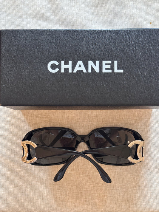 Chanel Mid-2000s "Gilded Arc" Gold Open-CC Rectangular Sunglasses