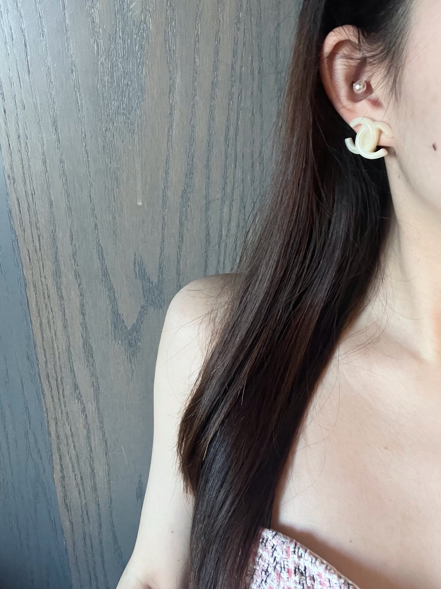 Chanel 2002 Milky White Faux Jade CC Clip-On Earrings