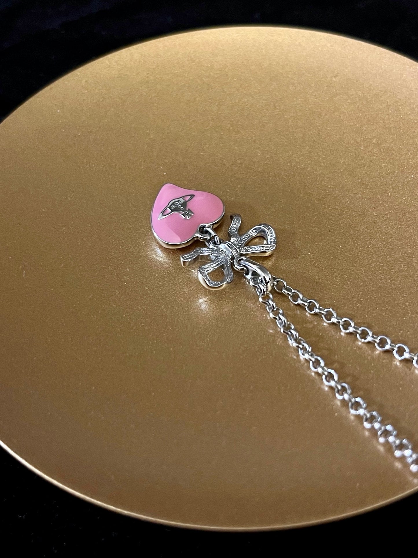 Vintage Vivienne Westwood Silver Bow Double-Sided Pink Heart Orb Necklace