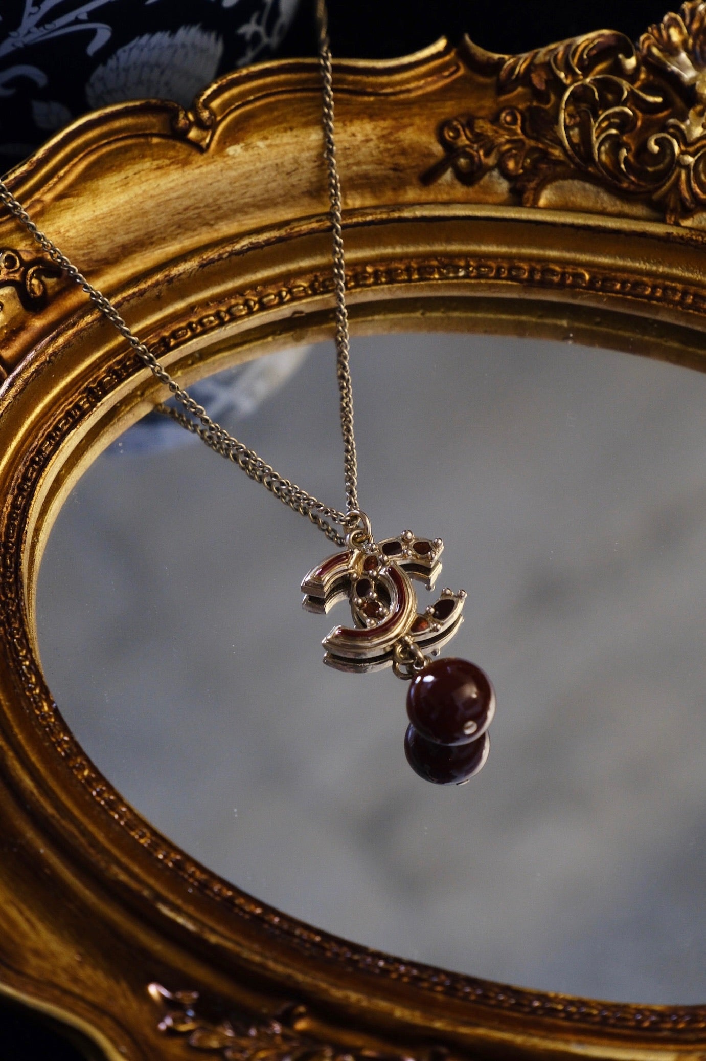 Chanel 2012 Deep Ruby Bead Logo Pendant Necklace