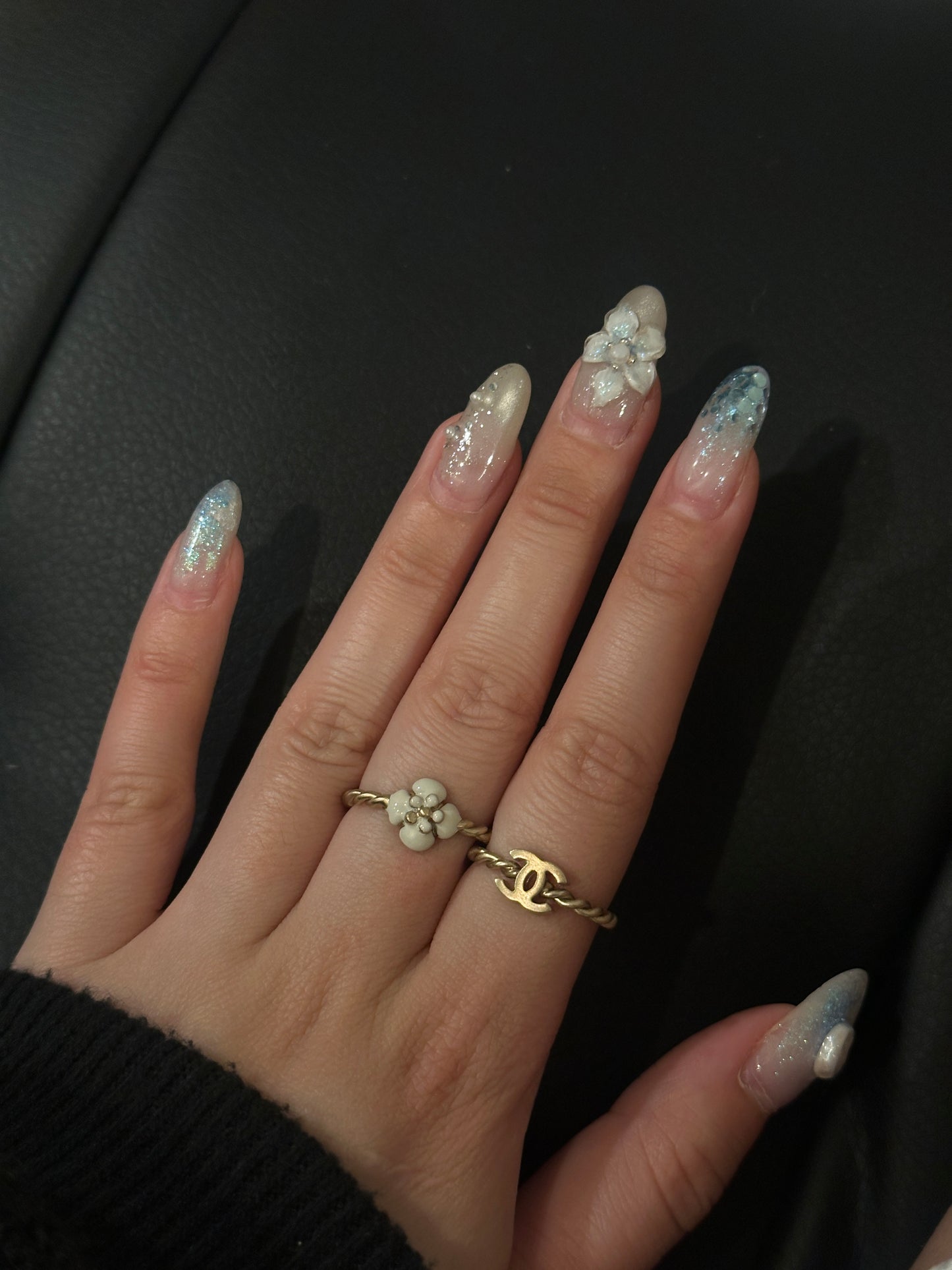 Chanel 2015 "Gilded Bloom" CC Logo & Camellia Twisted Band Ring Set