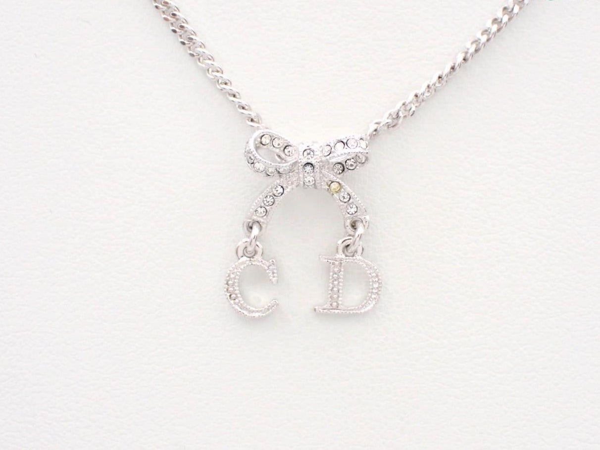 Vintage Dior Crystal CD Heart Charm Necklace – Silver Tone