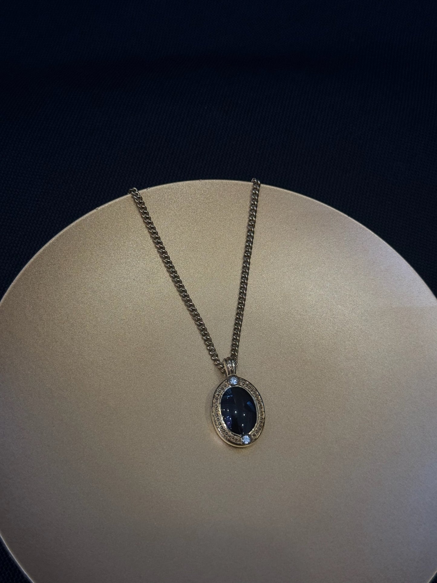 Vintage Dior Black Cabochon & Crystal Oval Pendant Necklace