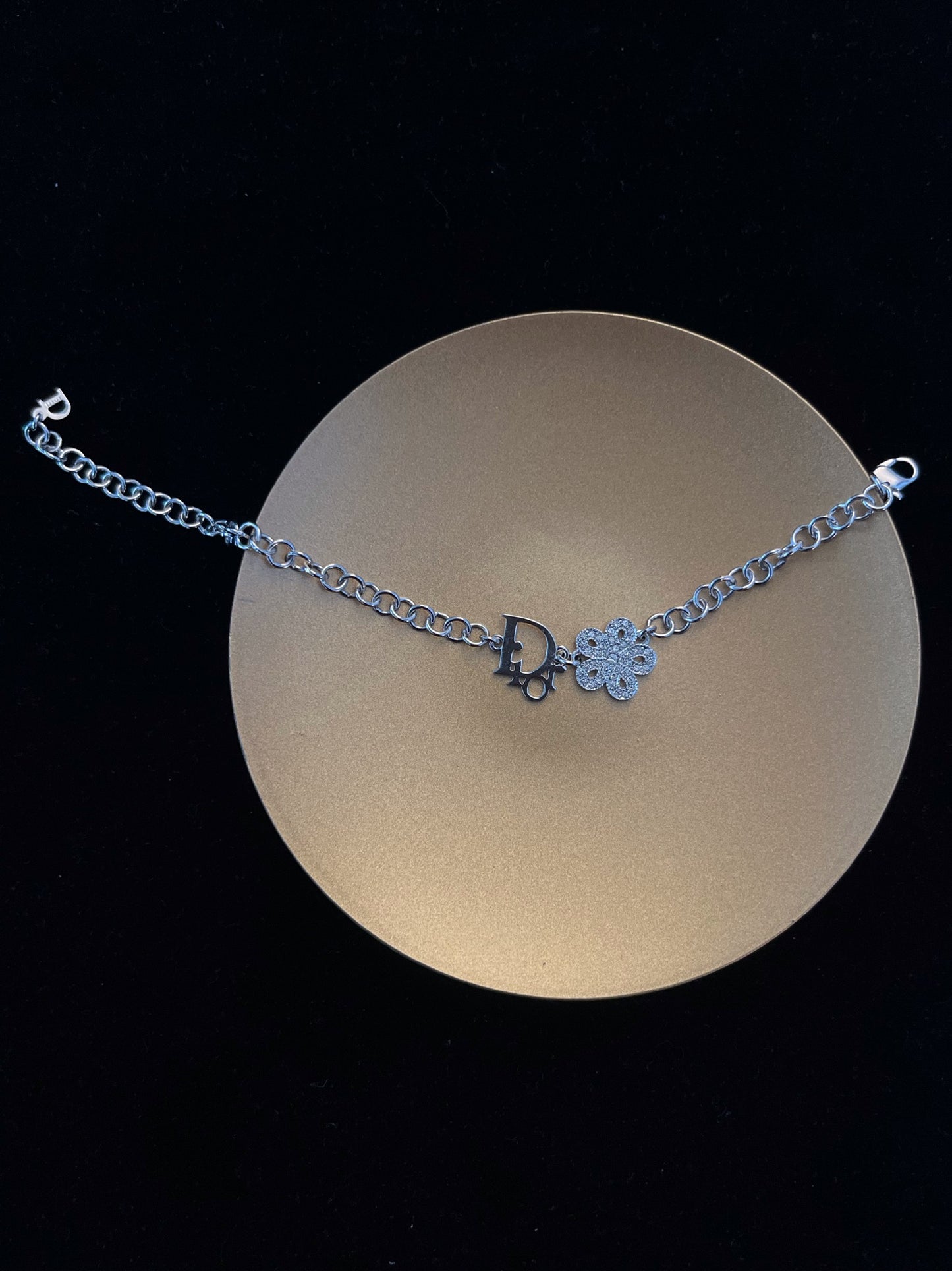 Vintage Dior Flower Logo Charm Bracelet – Silver Tone