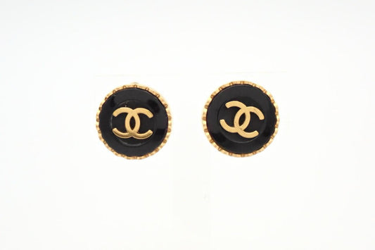 Chanel 1995 Black Enamel Plated Gold CC Clip-on Earrings