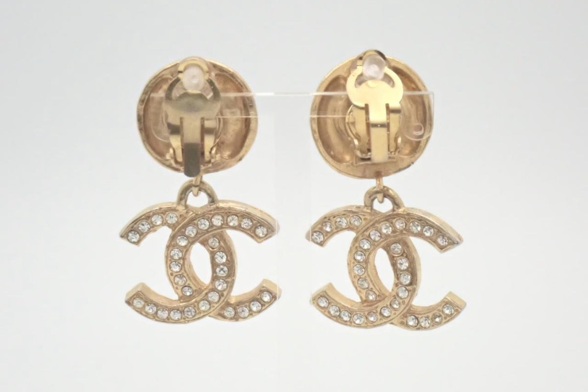 Chanel Crystal CC Logo Drop Clip-On Earrings