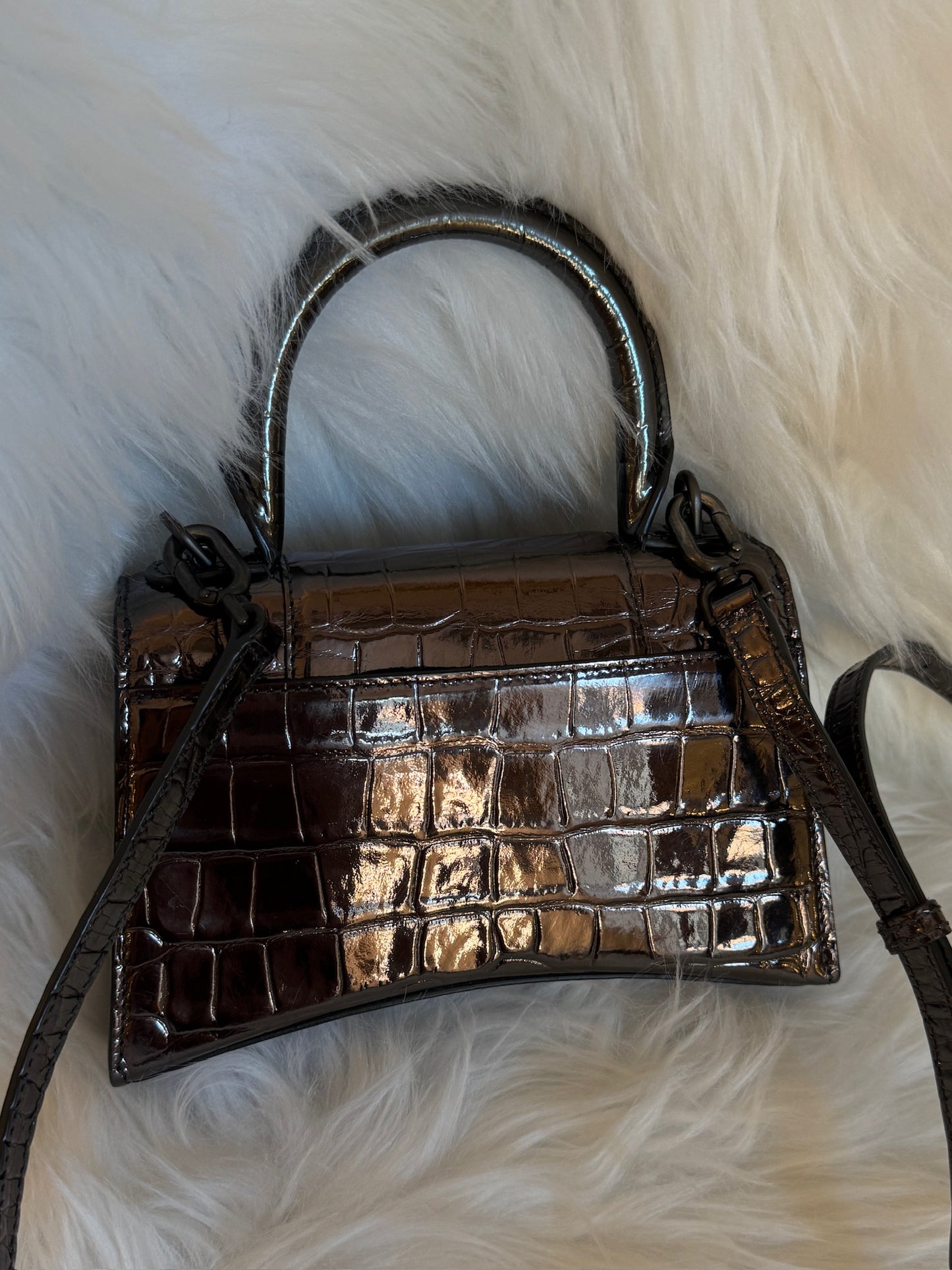 Balenciaga Hourglass XS Croc-Embossed Patent Leather Top Handle Bag