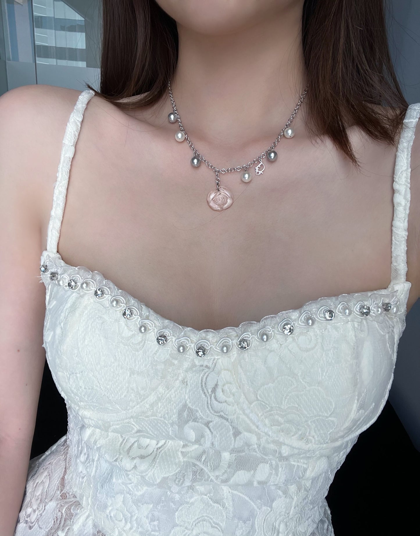 Dior Vintage Glass Rose & Pearl Charm Necklace (Silver Tone)