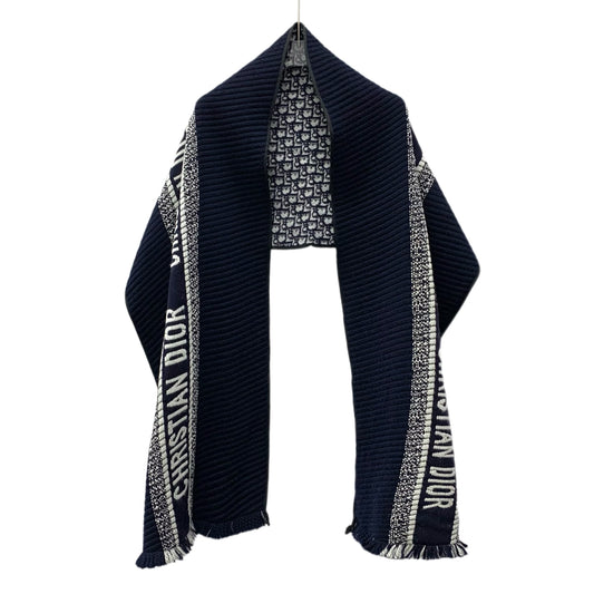 Dior Navy Blue Monogram Wool Fringe Scarf