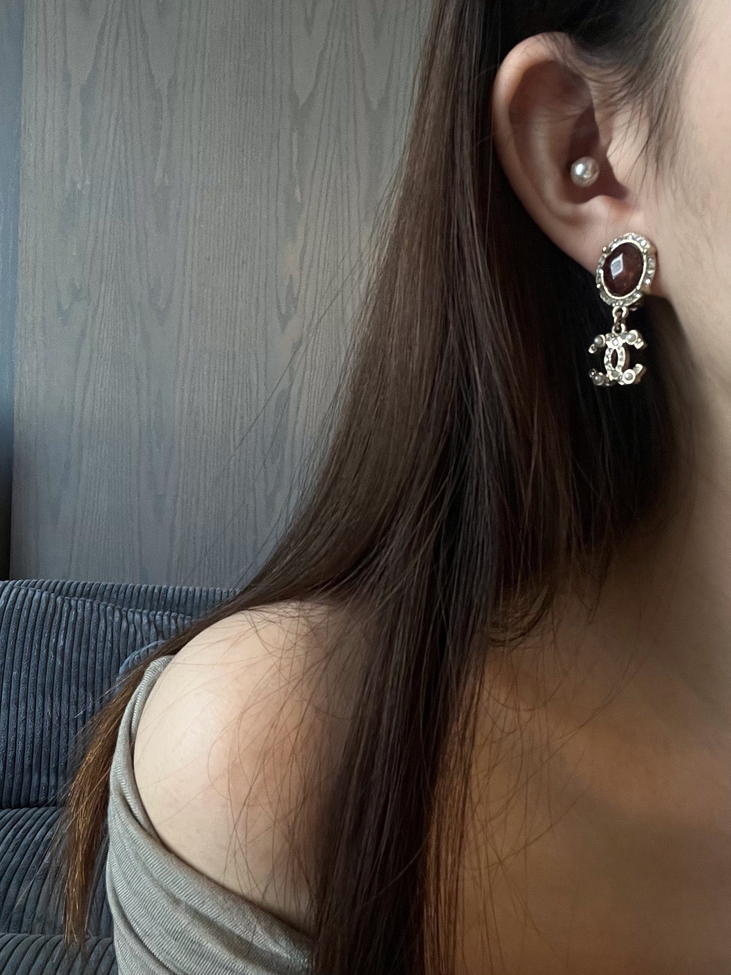 Vintage Chanel 2012 Red Agate Glass Double C Clip-On Earrings