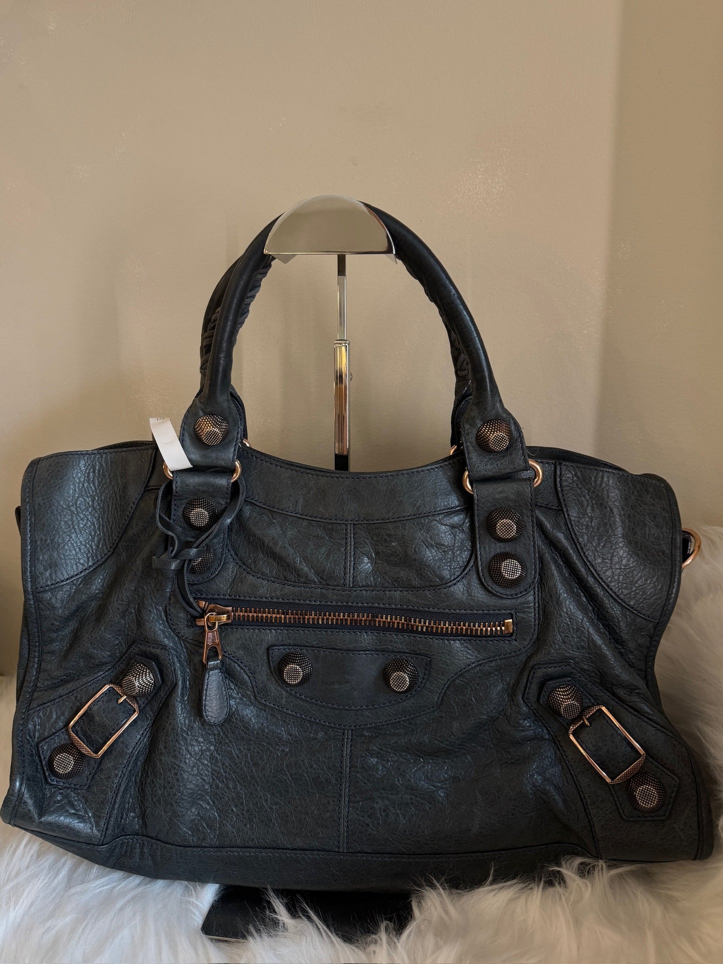 Balenciaga East West City Dark Grey Distressed Leather Handbag