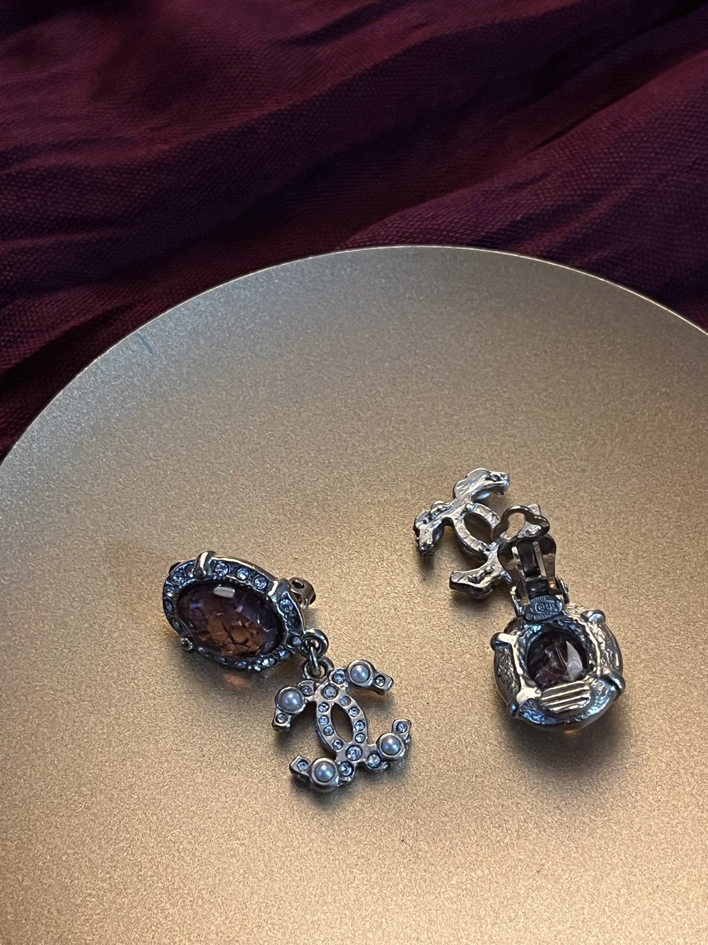 Vintage Chanel 2012 Red Agate Glass Double C Clip-On Earrings