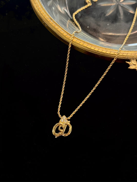 Dior Vintage Gold-Tone Script Logo Necklace with Crystal Accent