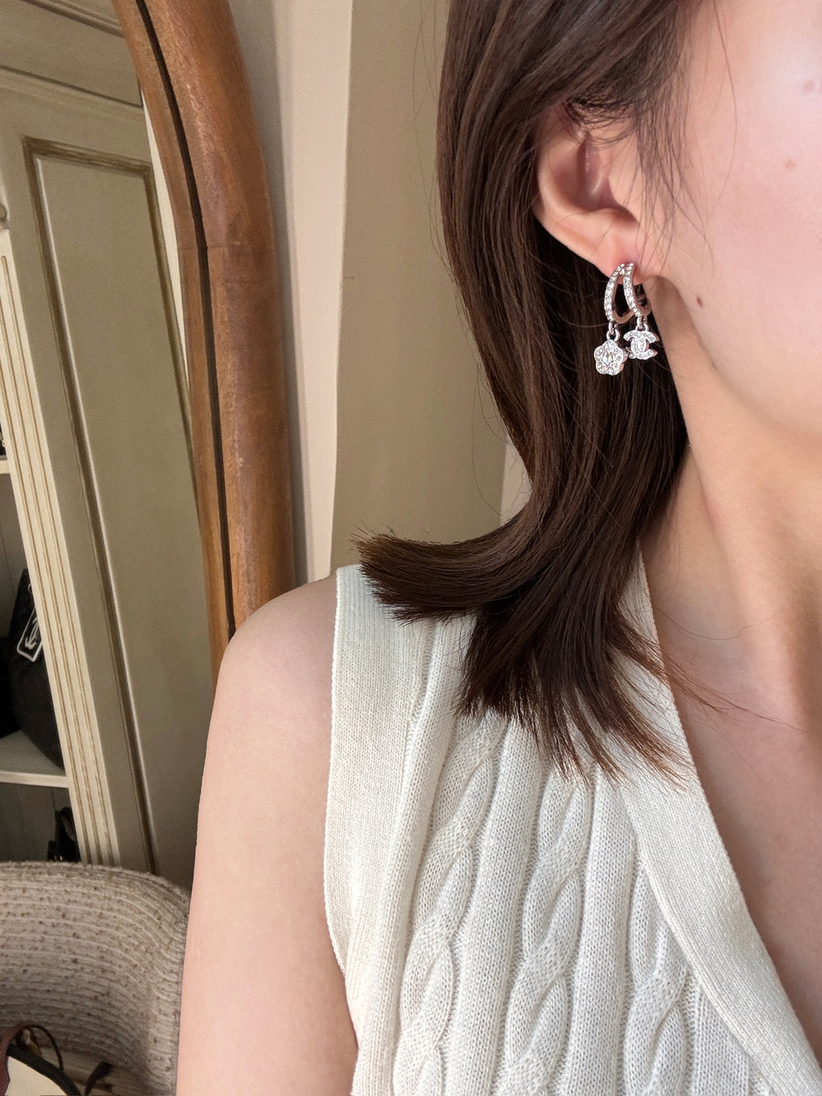 Chanel Crystal CC Charm Hoop Earrings