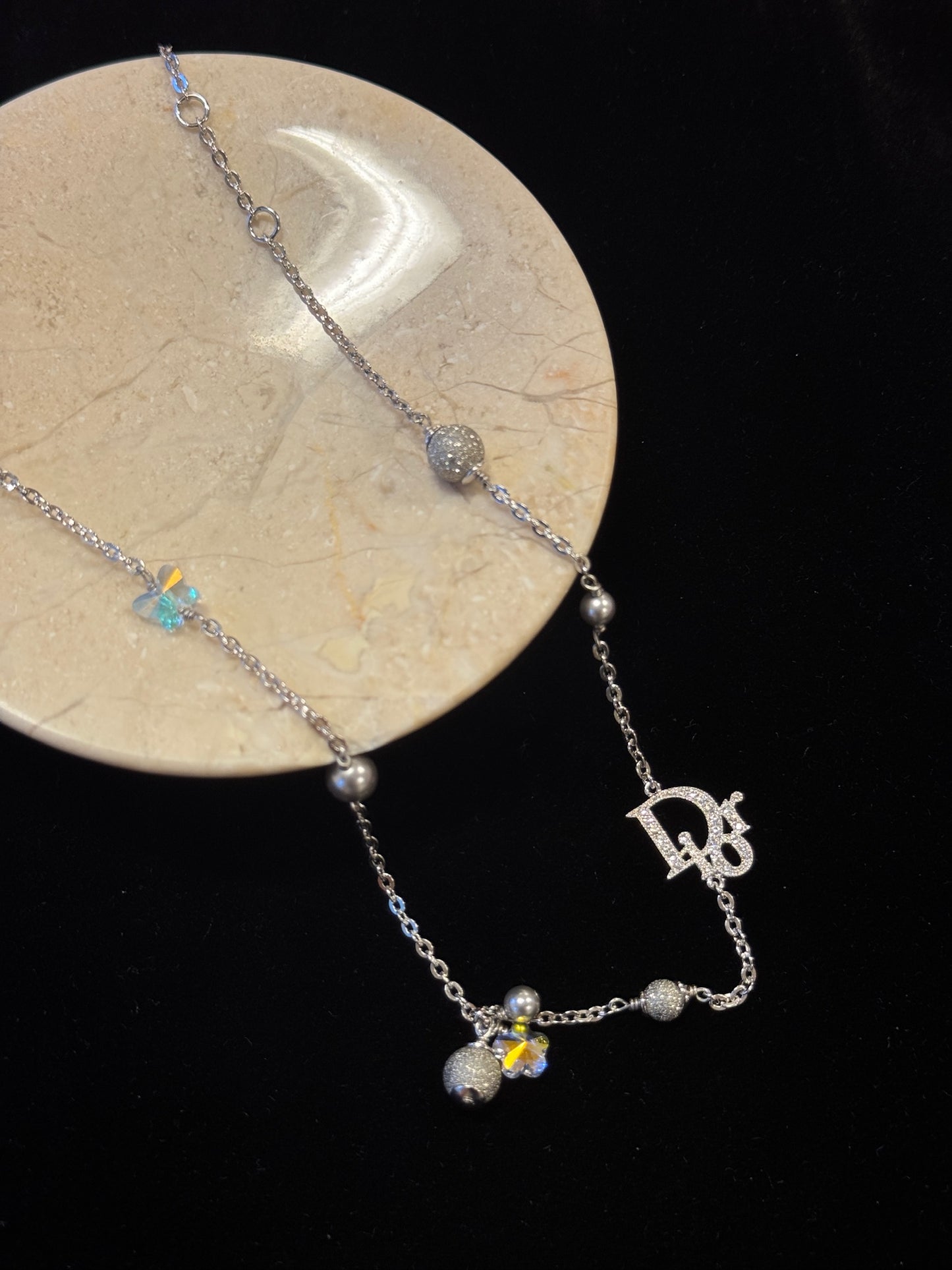 Vintage Dior Crystal Logo Charm Necklace – Silver Tone
