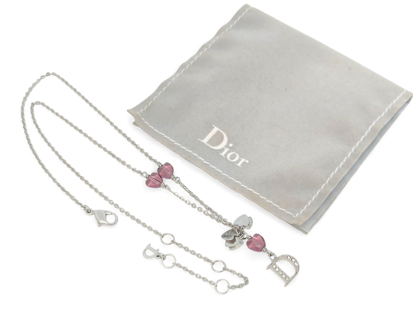 Dior Vintage Silver Heart & Rhinestone “D” Pendant Necklace