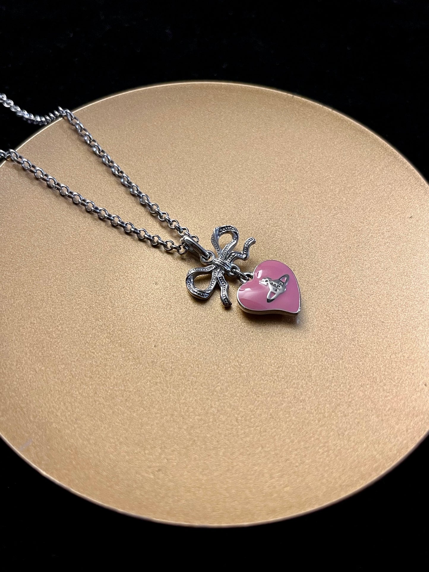 Vintage Vivienne Westwood Silver Bow Double-Sided Pink Heart Orb Necklace