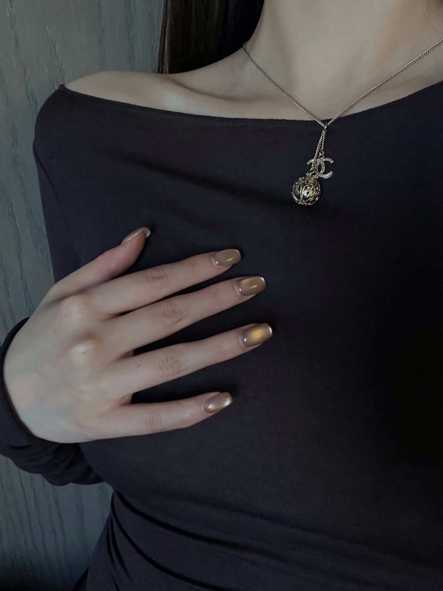 Chanel 2006 Champagne-Gold Filigree Sphere & CC Charm Necklace