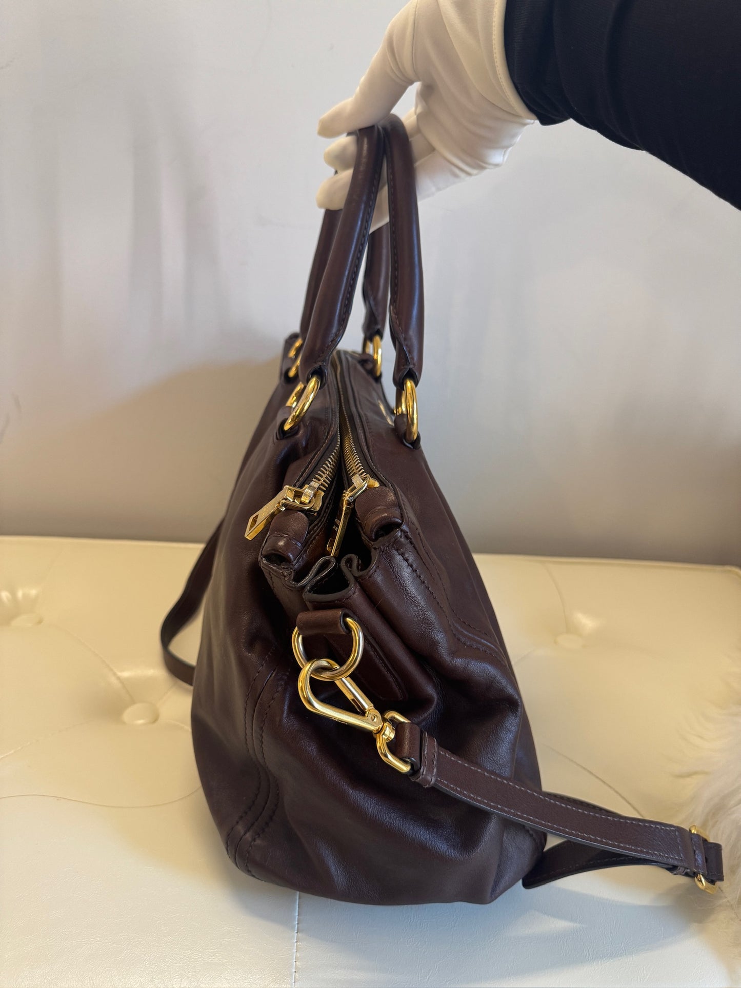 Prada Leather Top Handle Handbag – Dark Brown Large