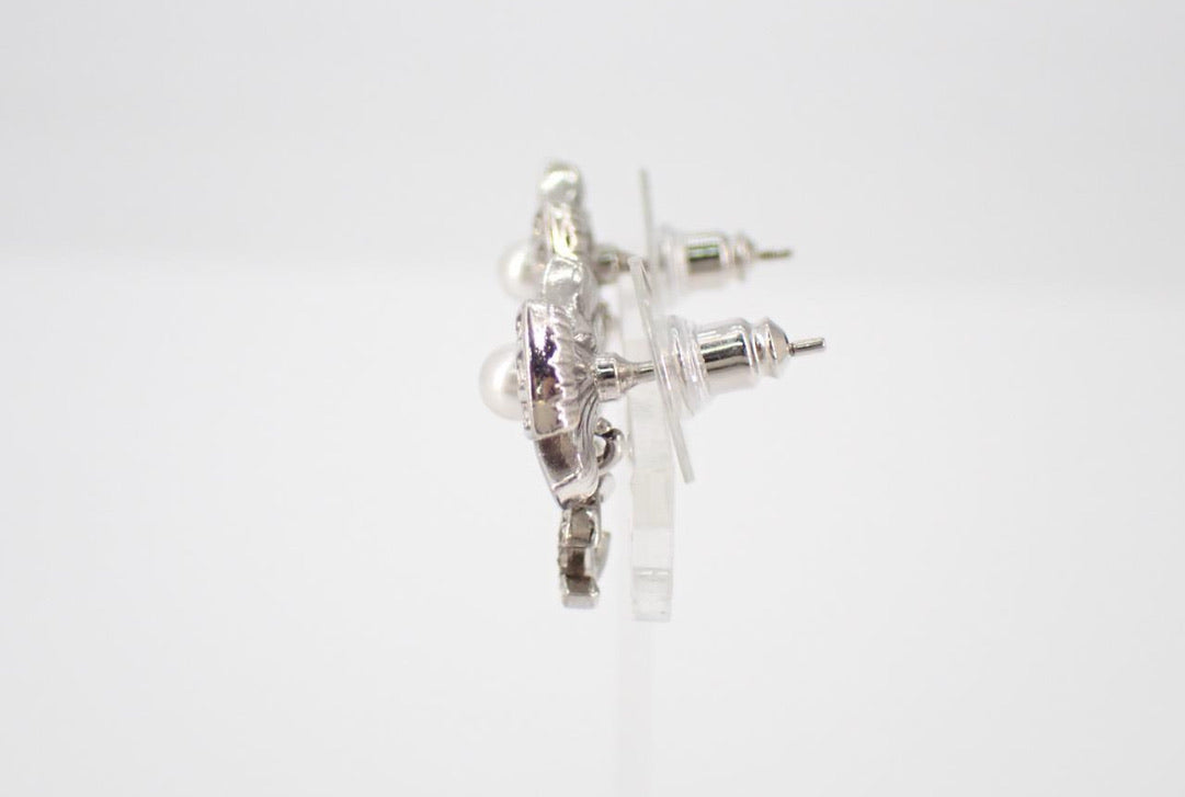 Chanel 2023 Crystal Bow CC Pearl Drop Earrings