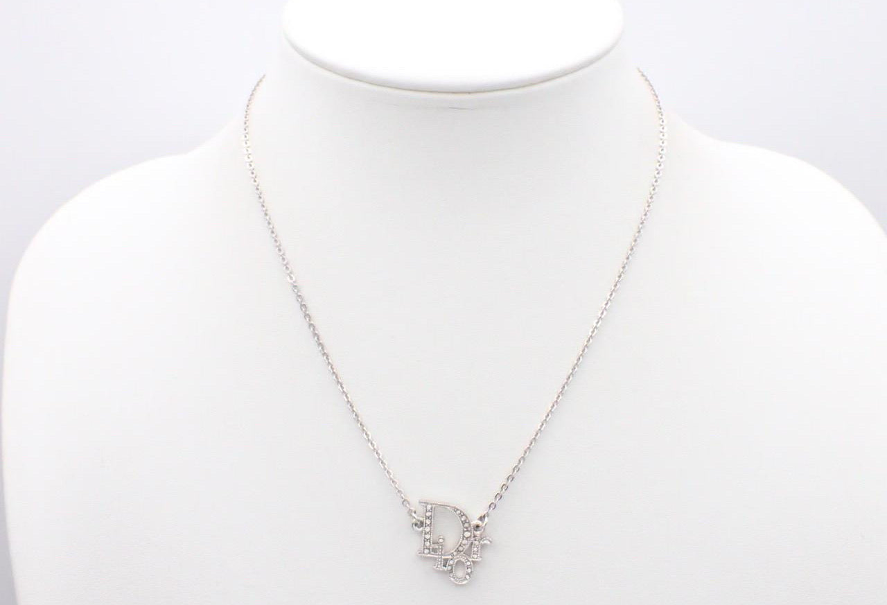Dior Silver-Tone Rhinestone Logo Necklace