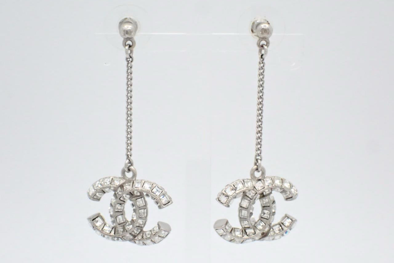 Chanel Silver-Tone Crystal CC Drop Earrings