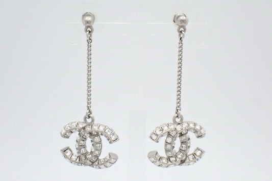 Chanel Silver-Tone Crystal CC Drop Earrings