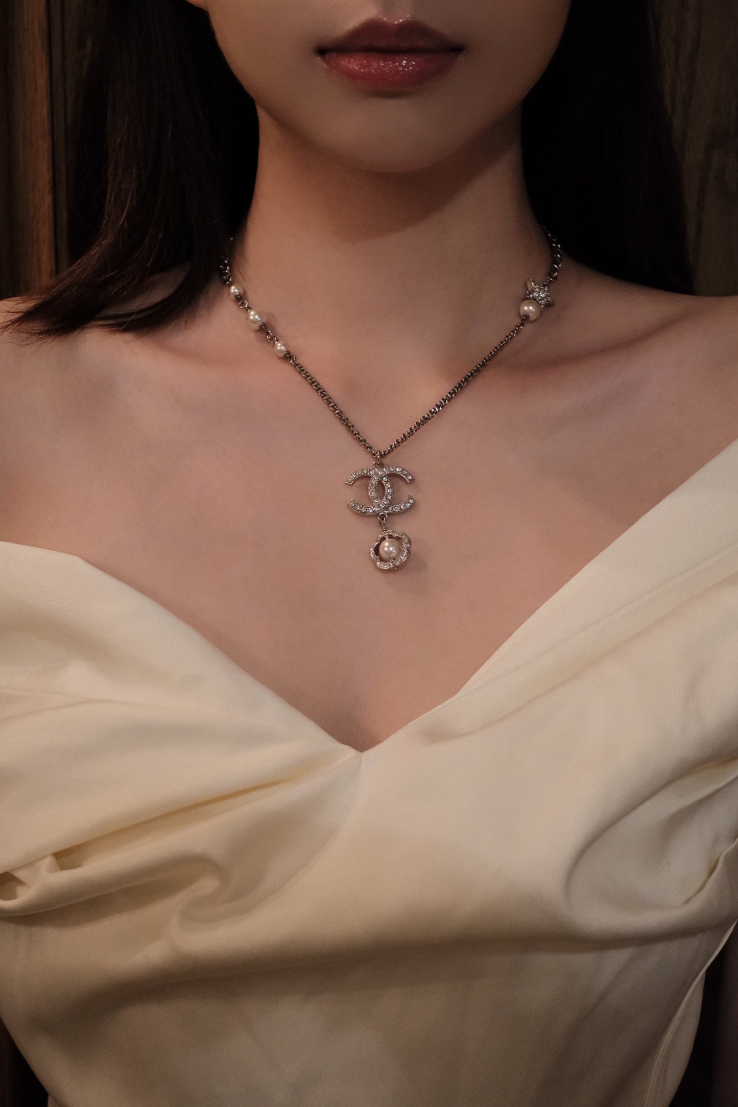 Chanel 2020 Crystal CC & Pearl Drop Necklace