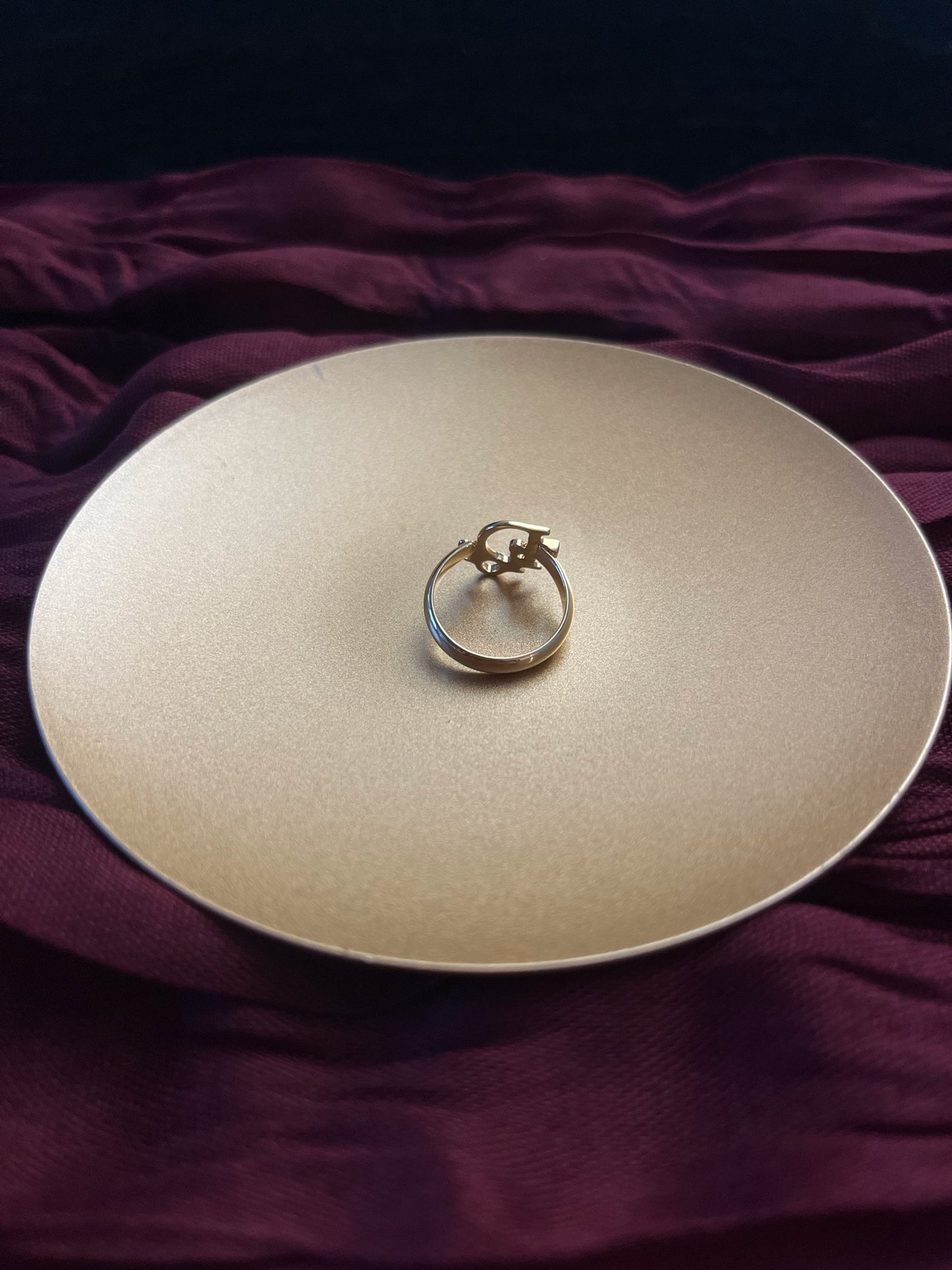 Vintage Dior Gold-Tone “D” Charm Ring with Crystal Accent