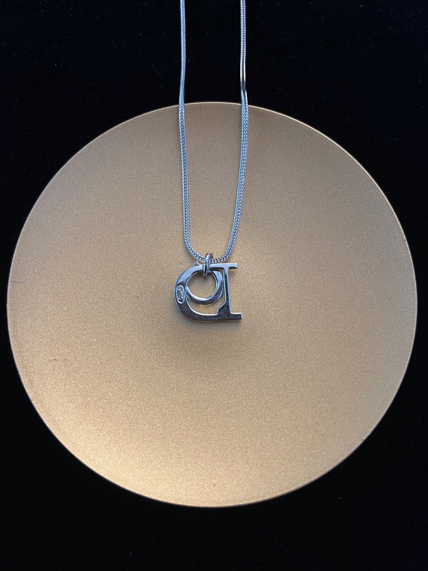 Vintage Dior Crystal Logo Pendant Necklace – Silver Tone