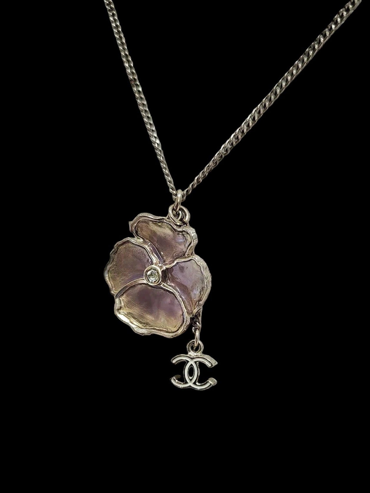 Chanel 2010s “Pansy Petal” Iridescent Enamel & Crystal CC Charm Convertible Necklace