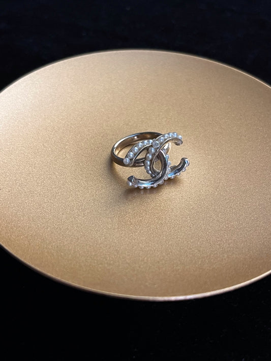 Chanel 2013 Pearl Double CC Logo Ring