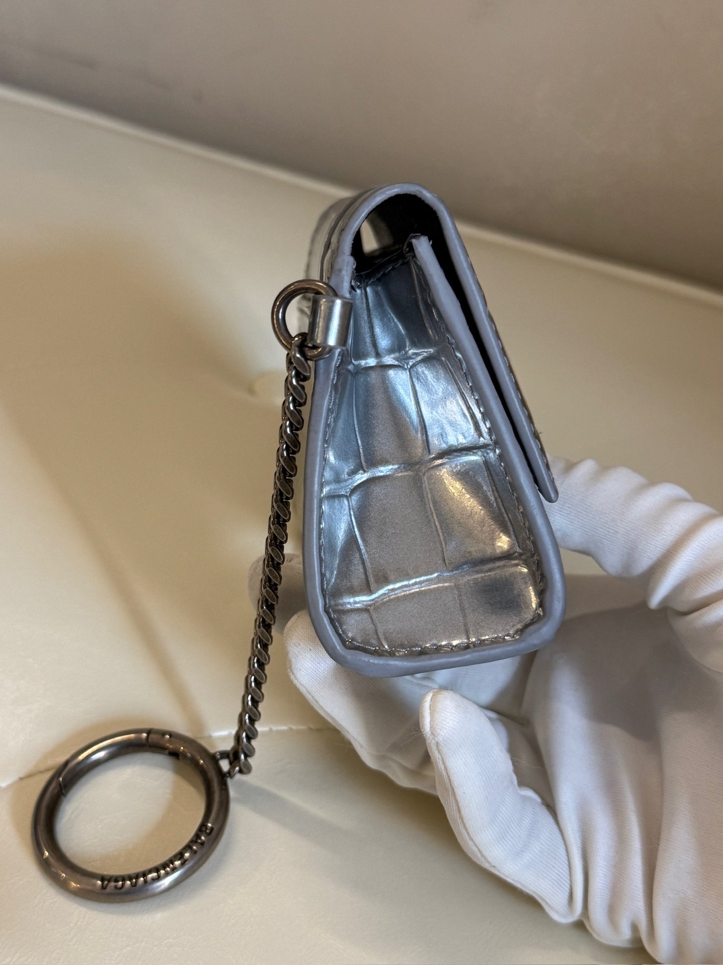 Balenciaga Nano Hourglass Metallic Silver Croc-Embossed Card Holder