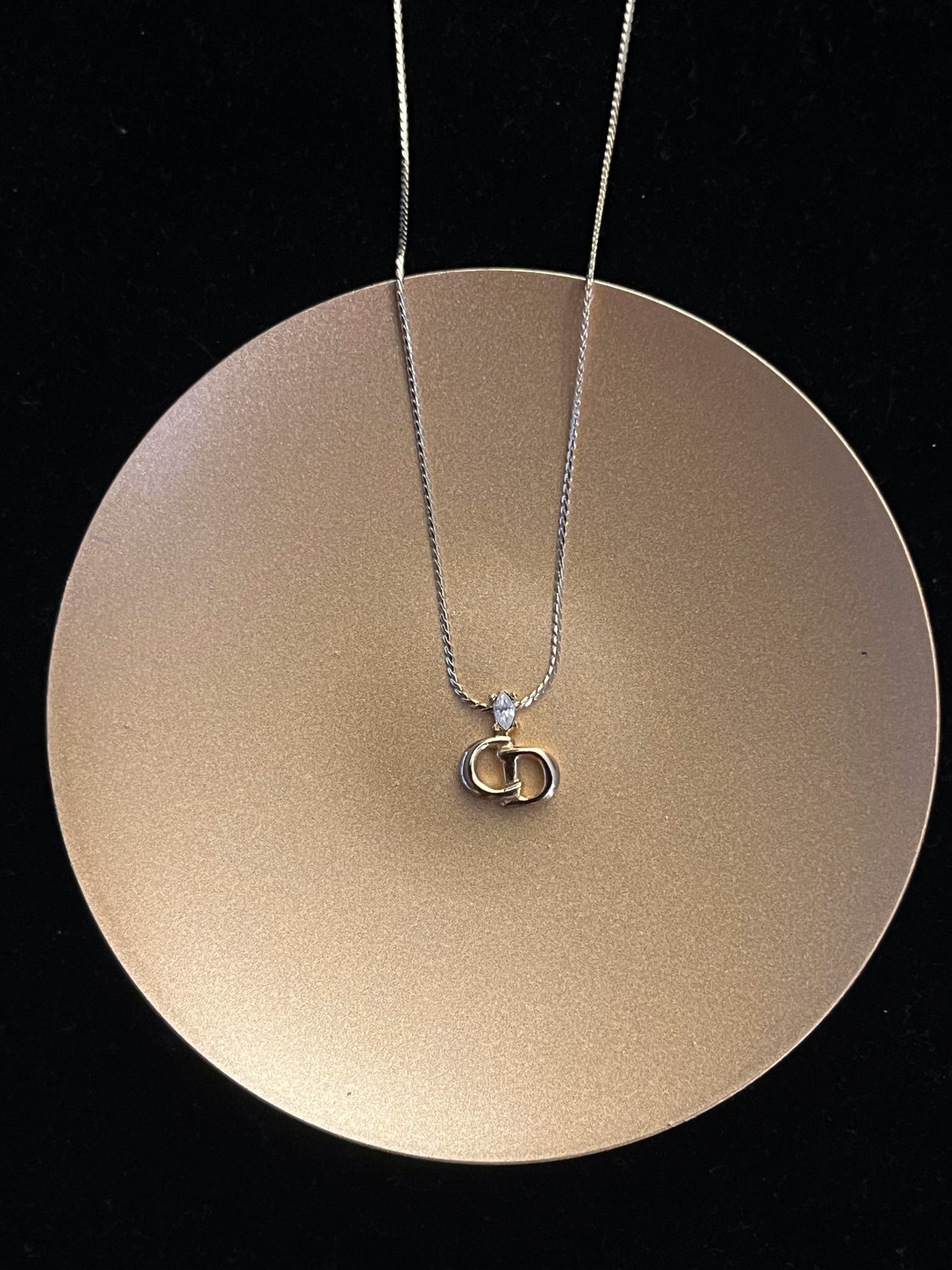 Vintage Dior Gold CD Logo Crystal Pendant Necklace