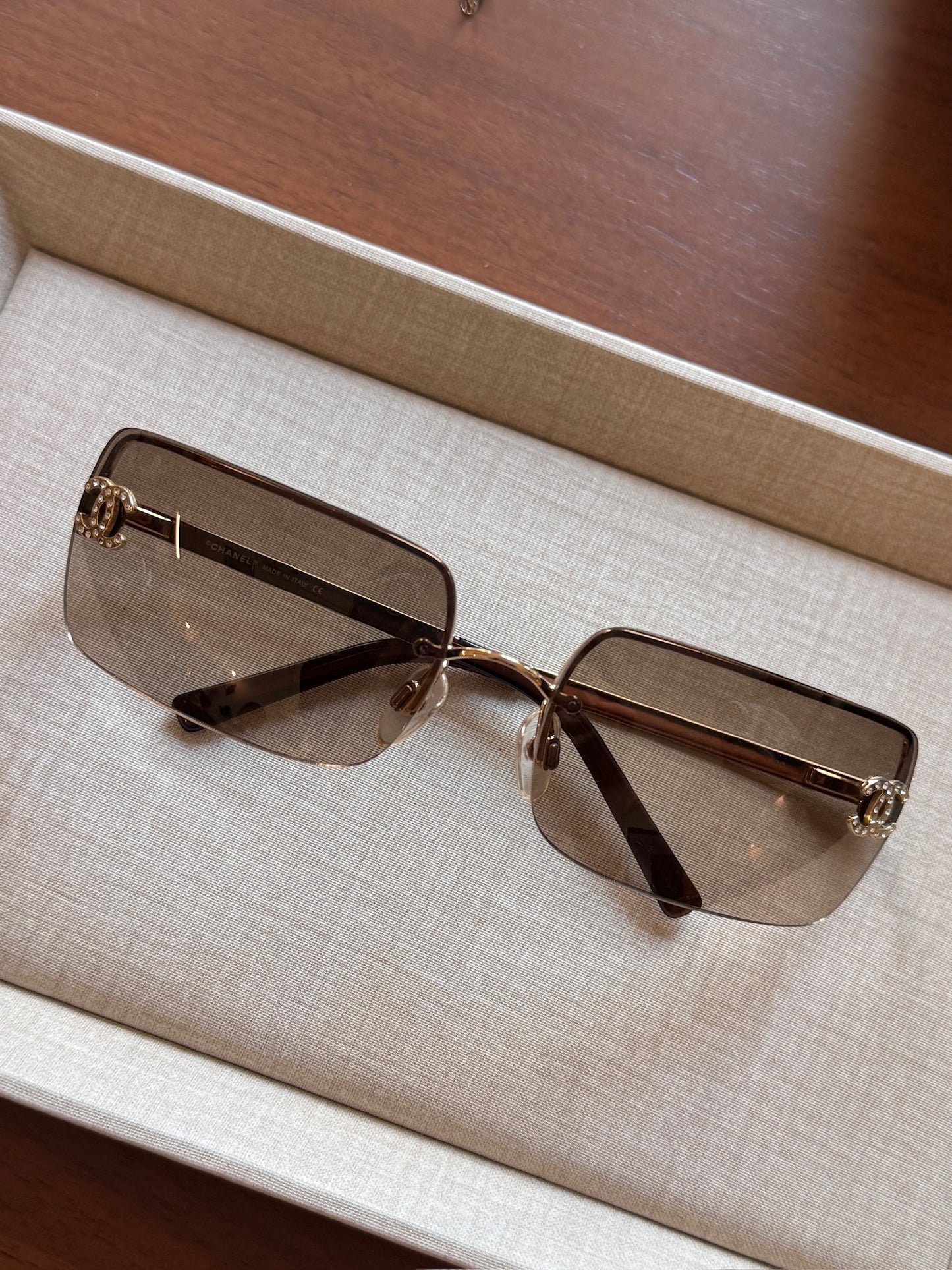 Chanel Brown Gradient Rimless CC Crystal Sunglasses