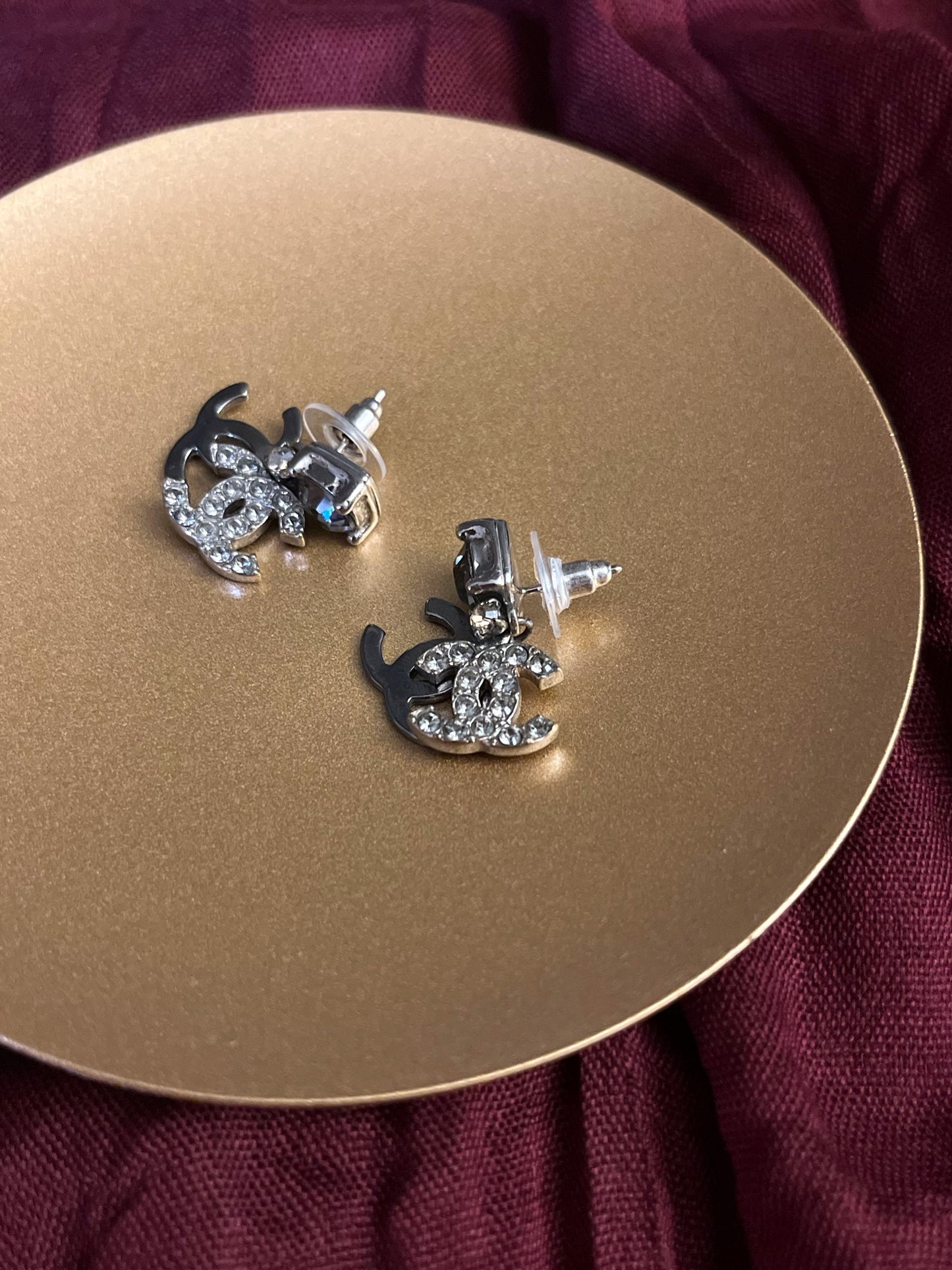 Chanel 2003 Black & Silver Double CC Crystal Drop Earrings